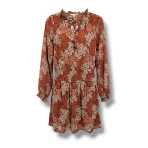 Socialite Floral Long Sleeve Smocked Waist Mini Dress – Rust Brown XS NWT